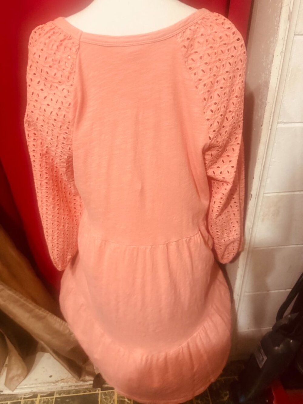 Peach Time and Tru tiered knit dress with eyelet sleeves. - Picture 3 of 6
